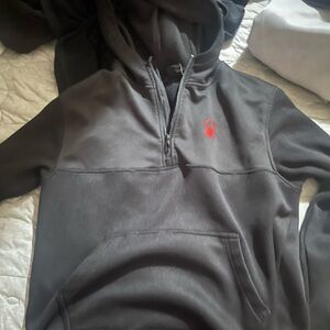 Gray Half-Zip Hoodie with Red Logo